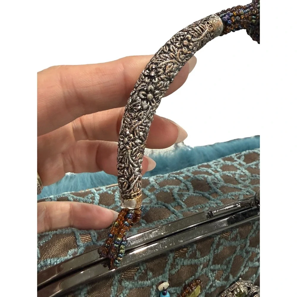 Mary Frances Beaded Feather Fur Evening Clutch Handbag Blue Brown Jeweled Purse